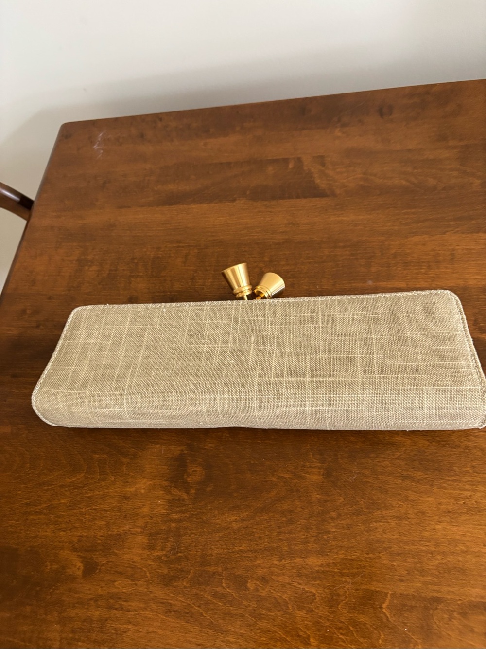 Sondra Roberts Beige Linen Clutch with Gold Hardware